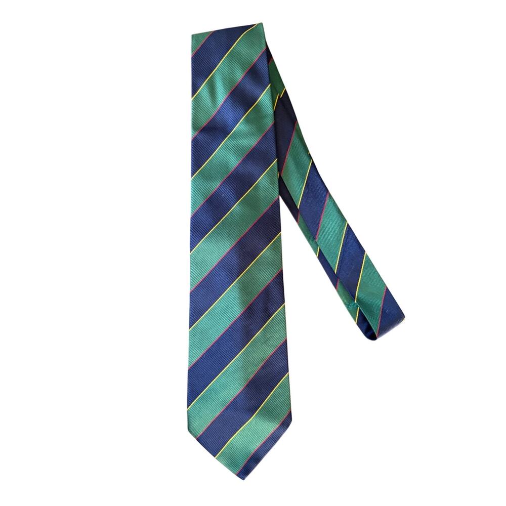 Lands' End Vintage Classic Green & Blue Stripe 100% Silk Tie - Picture 1 of 3